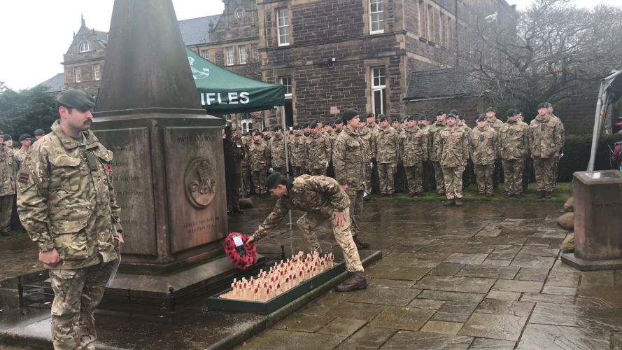 Laying a wreath on Armistice Day at 3 Rifles memorial garden at Redford Barracks, Edinburgh.
