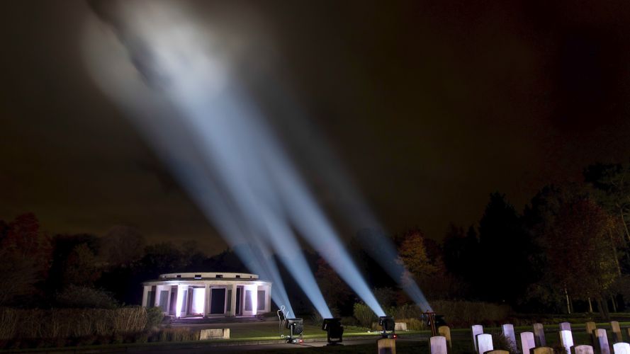 Lights illuminate the sky at Brookwood Military Cemetery on Armistice Day as part of a digital initiative from the Commonwealth War Graves Commission (Picture: CWGC).
