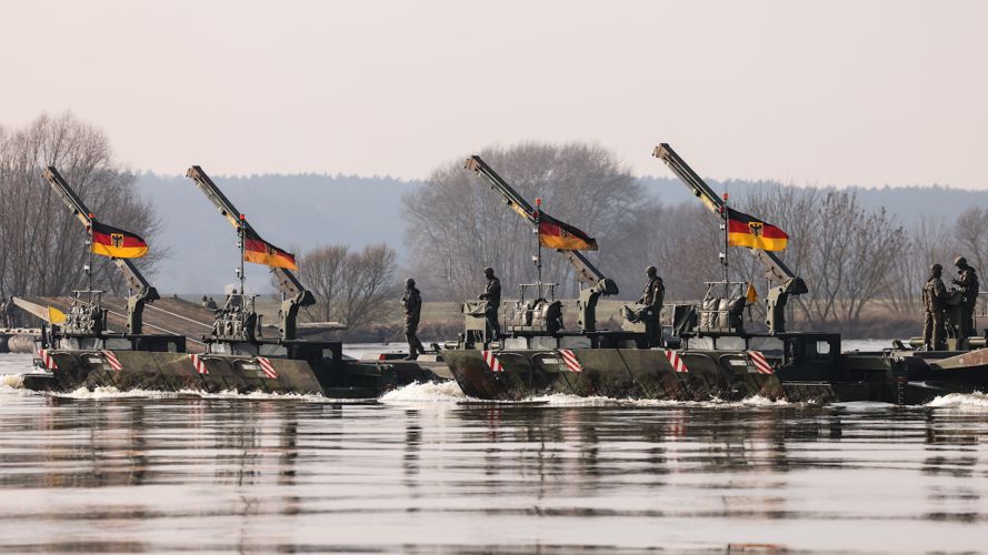 M3 Amphibious Bridging Vehicles conduct a second rehearsal of the vehicle river crossing, German army 03032024 CREDIT MOD