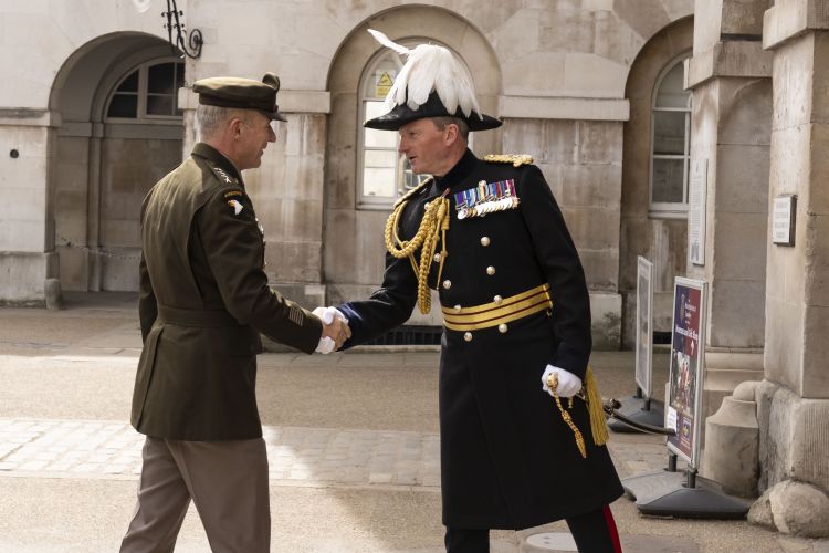 Major General Chris Ghika shakes hands with Chief of Staff of the US Army in Whitehall, London 120422 CREDIT UK MOD © Crown copyright 2022