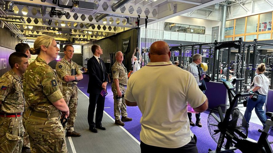 Major General James Sales and representatives of Army Sport tours the sports facilities at Loughborough University after singing a new partnership agreement which will benefit elite sporting soldiers and students alike