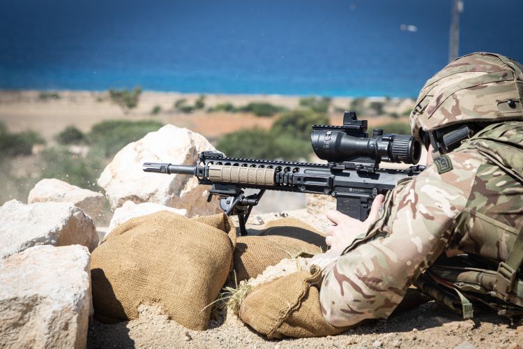 Member of RAF’s 1 Squadron Force Protection exercising in Cyprus with the L129A1 Sharpshooter rifle