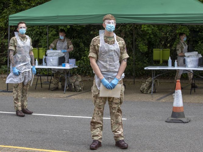 Members of Royal Anglian Regiment at mobile COVID19 Coronavirus testing facility