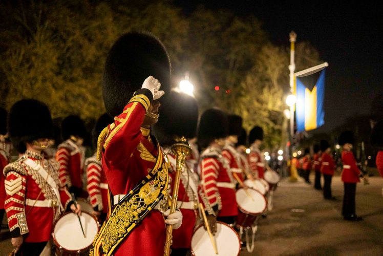 Members of the British Army during the final full rehearsal for the coronation of King Charles