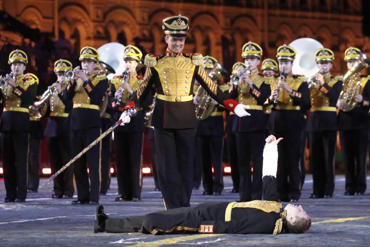Members of the Central Military Band of the Russian Defense Ministry at Spasskaya Tower Festival 2019, Moscow (Picture: PA).