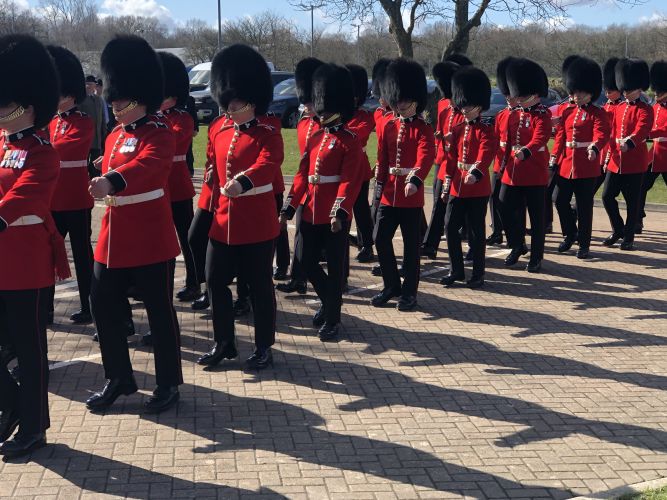 Members of the Irish Guards taking part in the St Patrick's Day Parade at Mons Barracks in Aldershot 