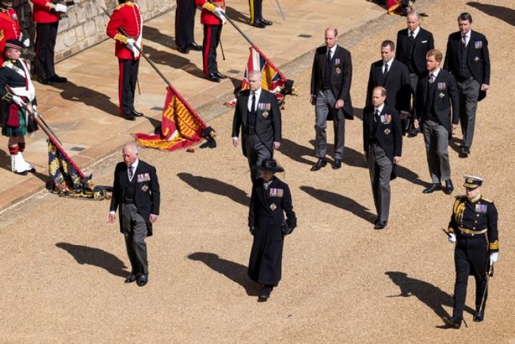 Members of the Royal Family taking part in Prince Philip's funeral procession at Windsor Castle (Picture: MOD). Members of the Royal Family, taking part in Prince Philip's funeral procession from the State Entrance at Windsor Castle (Picture: MOD).