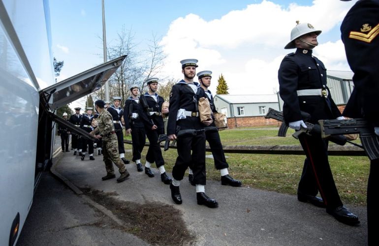 Royal Navy personnel prepare to travel from Pirbright to London for a full dress rehearsal for the Duke of Edinburgh's funeral (Picture: MOD).
