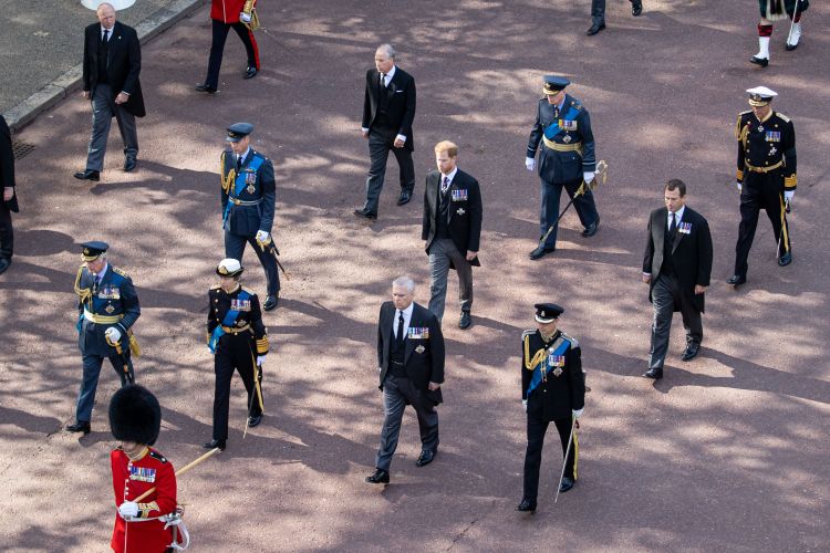 	Memers of the Royal Family, including King Charles, during the Queen's coffin procession 