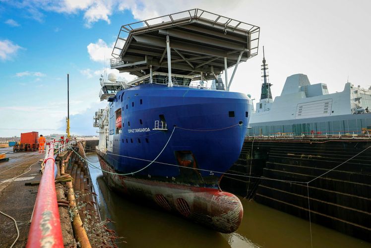 Newly acquired future Multi Role Ocean Surveillance Ship (MROS) in No.7 Dock, Cammell Laird, Birkenhead (Picture: MOD).