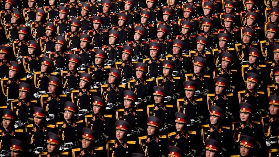 North Korean military personnel taking part in nighttime parade