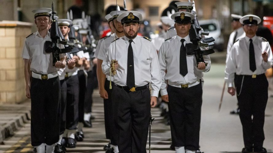 Personal from the Royal Navy March out of Wellington Barracks as a part of a full dress rehearsal during Operation London Bridge