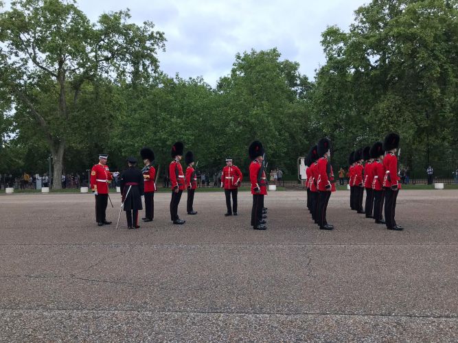 Personnel from 1st Battalion Coldstream Guards rehearsing at Wellington Barracks for the first Changing of the Guard ceremony since the start of the COVID-19 pandemic 
