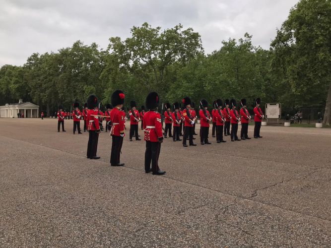 Personnel from 1st Battalion Coldstream Guards rehearsing at Wellington Barracks for the first Changing of the Guard ceremony since the start of the COVID-19 pandemic