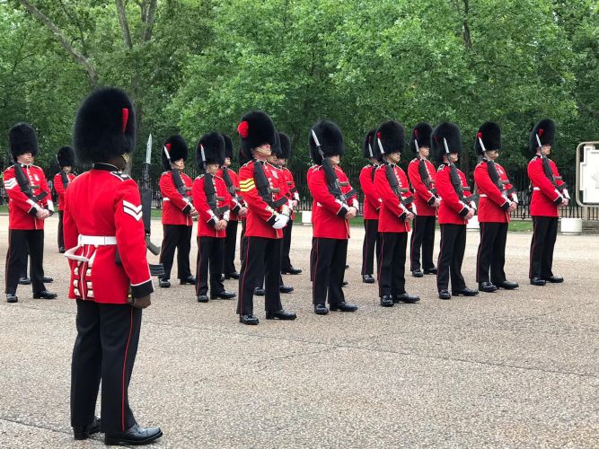 Personnel from 1st Battalion Coldstream Guards rehearsing at Wellington Barracks, London, for the first Changing of the Guard ceremony since the start of the COVID-19 pandemic