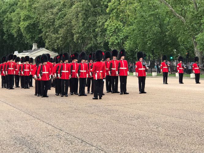 Personnel from 1st Battalion Coldstream Guards rehearsing at Wellington Barracks, London, for the first Changing of the Guard ceremony since the start of the coronavirus pandemic