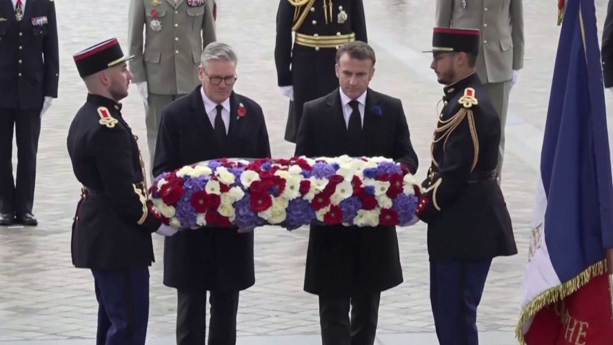 Prime Minister Keir Starmer and French President Emmanuel Macron lay wreath at Tomb of the Unknown Soldier at the Arc de Triomphe 