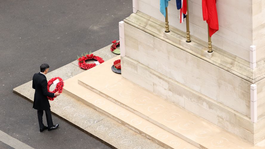 Prime Minister Rishi Sunak lays a wreath at the Remembrance Sunday service at the Cenotaph in central London