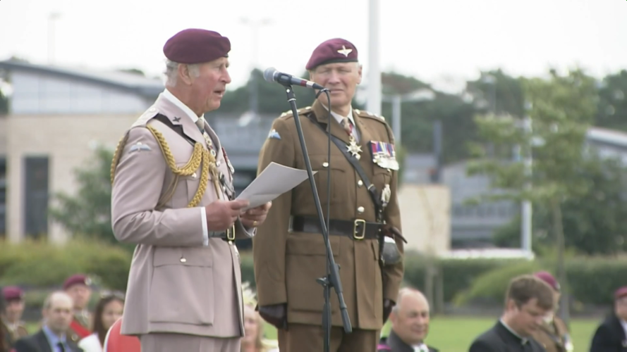 Prince Charles addresses personnel from Parachute Regiment at Merville Barracks, Colchester, where he presented the regiment with its new colours in July 2021.