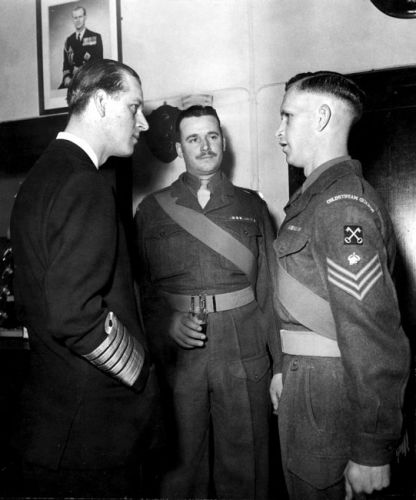 Prince Philip at Coldstream Guards Sergeants Mess with RSM F Pickford on left and Staff Sergeant RT Millmore on right