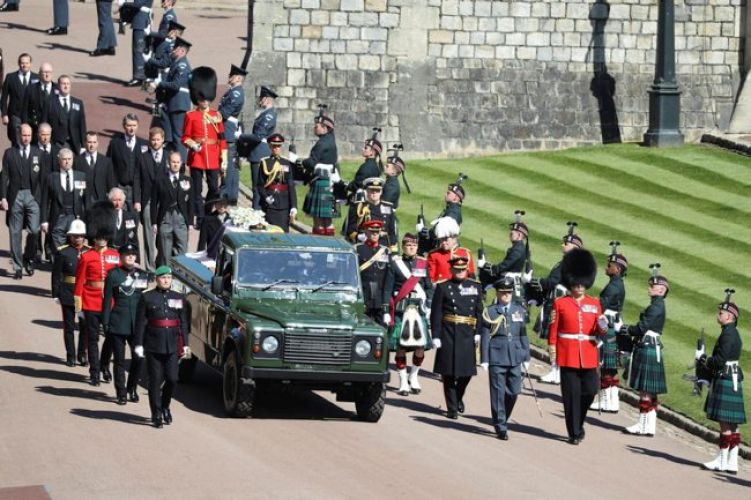 Prince Philip's coffin flanked by pall bearers drawn from regiments, corps, air stations and units with a special relationship to the Duke (Picture: MOD). Prince Philip's coffin flanked by Pall Bearers drawn from regiments, corps, air stations and units with a special relationship to the Duke (Picture: MOD).