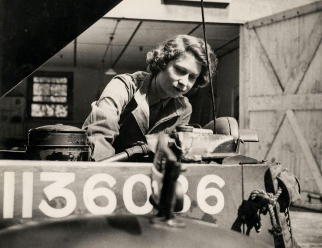 Princess Elizabeth - future Queen Elizabeth II - training as a second subaltern in the ATS in WW2 - working as a mechanic, taking out plugs of a car