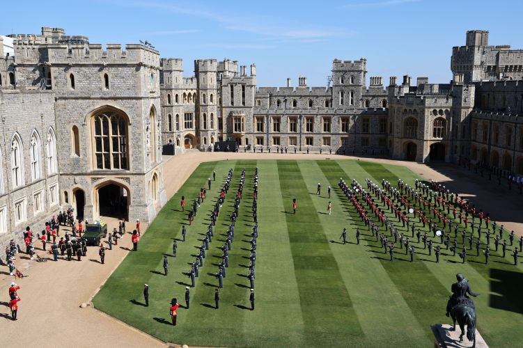 The Quadrangle in Windsor Castle as Prince Philip's coffin is transported to St George's Chapel (Picture: PA/Alamy). The Quadrangle in Windsor Castle as Prince Philip's coffin is transported to St George's Chapel (Picture: PA/Alamy).