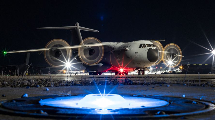 RAF A400 Atlas transport aircraft at night in RAF Akrotiri in Cyprus (Picture: MOD). RAF A400 Atlas transport aircraft at night in RAF Akrotiri in Cyprus (Picture: MOD).