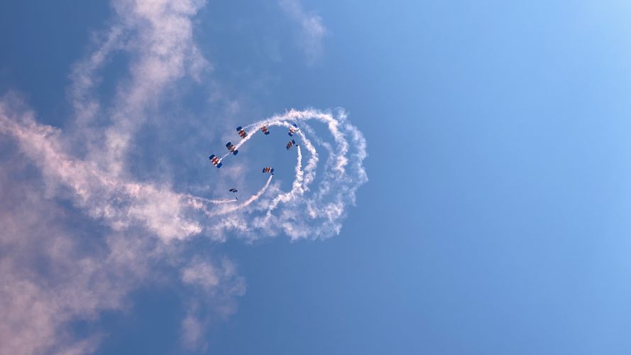 RAF Falcons, the parachute display team, perform their first event of the 2022 season at RAF Brize Norton 260422