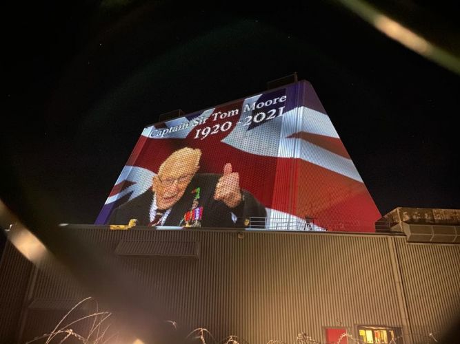 RAF Fylingdales projected images of the Second World War veteran Captain Sir Tom Moore onto a 33m-high pyramid radar structure. RAF Fylingdales base's projector tribute to Captain Sir Tom Moore 24022021 CREDIT BFBS.jpg