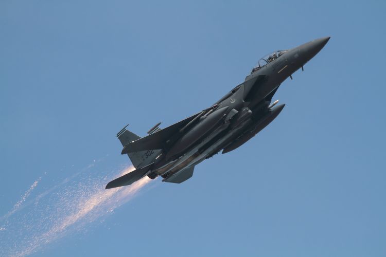 Sparks fly from an F-15 jet taking off from RAF Lakenheath (Picture: Ian Simpson).