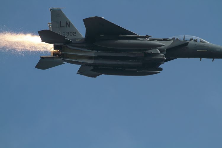 Sparks fly from an F-15 jet taking off from RAF Lakenheath (Picture: Ian Simpson).