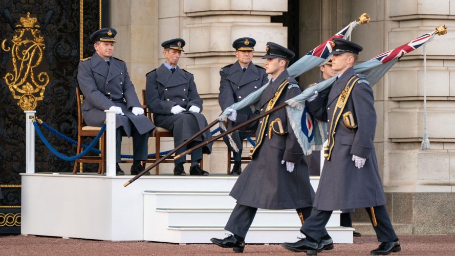 RAF Regiment carrying out Changing of the Guard ceremony in front of Duke of Kent at Buckingham Palace 010222 CREDIT PA ALAMY.jpg