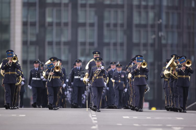 RAF contingent march across Westminster Bridge before taking part in the coronation of King Charles