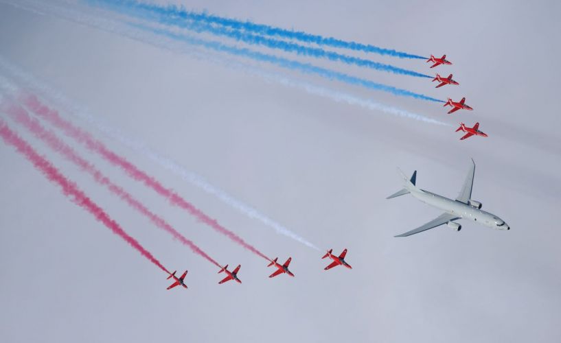 The RAF's newest submarine-hunter aircraft during first flight in July with Red Arrows over RAF Lossiemouth (Picture: RAF). RAF's new submarine-hunter aircraft first flight with Red Arrows over RAF Lossiemouth 20210721 CREDIT RAF.jpg