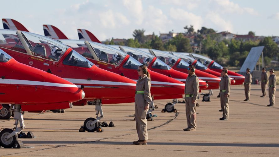Red Arrow deployed to Tanagra Air Base looked over by engineers before deployment to training sortie 20052022 CREDIT MOD Crown Copyright.jpg