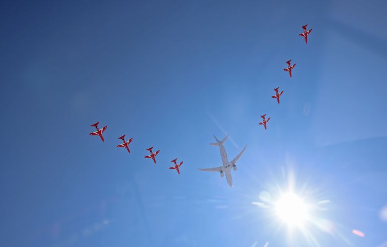 Red Arrows Hawk jets and a Poseidon Maritime Patrol aircraft in a display in the skies over RAF Lossiemouth in Scotland with the sun (Picture: MOD).