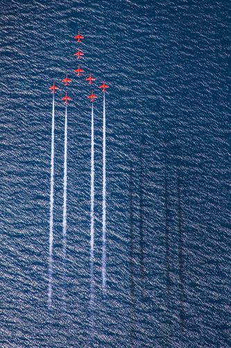 Red Arrows perform Concorde over the deep blue sea of Greece CREDIT RAF