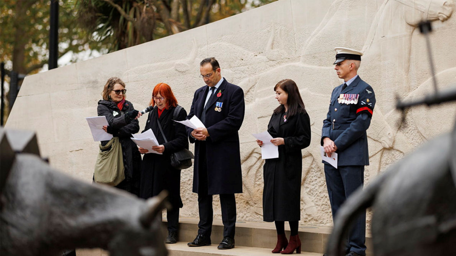 Remebrance service at the the Animals in War Memorial on Park Lane, London 