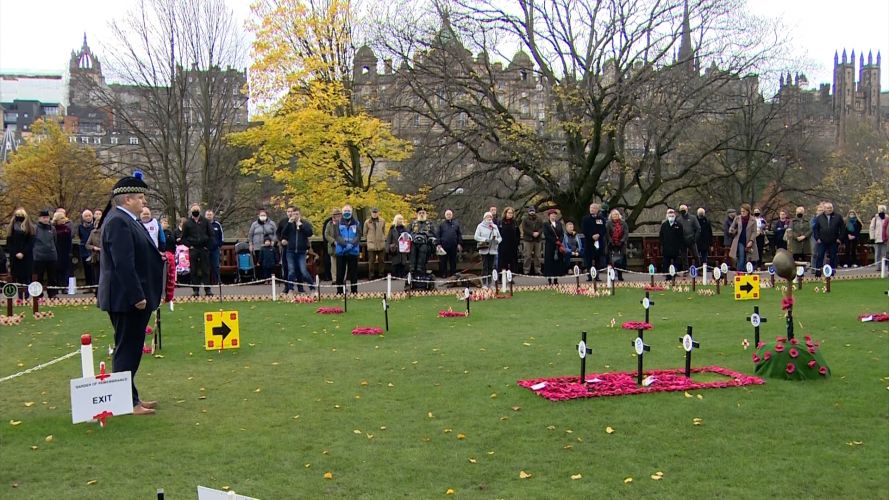 Remembering the war dead at Edinburgh Gardens of Remembrance on Armistice Day 2020.