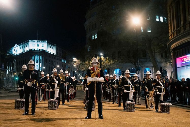 Royal Marine Band contingent of the Coronation procession overnight rehearsals in London