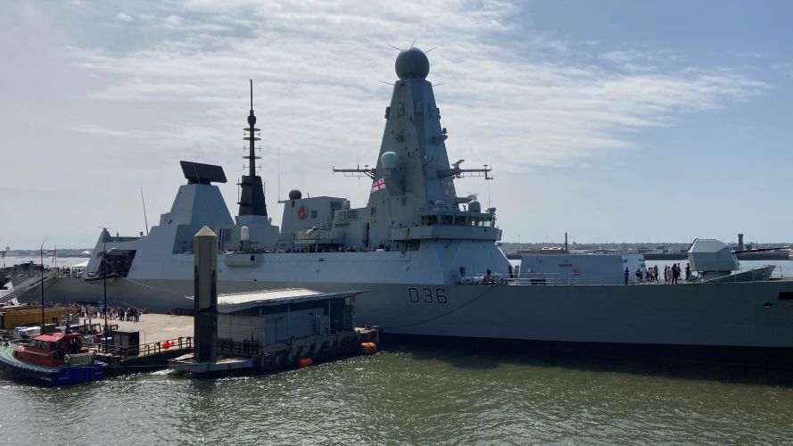 Royal Navy Destroyer HMS Defender leading the Battle of the Atlantic Commemorations in Liverpool 28052023 CREDIT BFBS