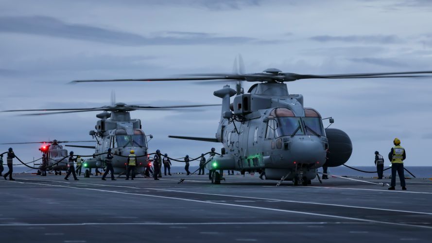 Royal Navy Merlins and Wildcat on board HMS Queen Elizabeth