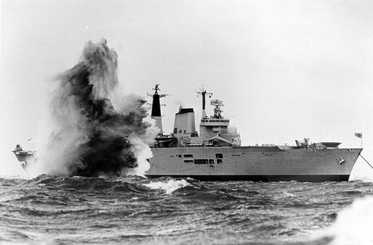 Royal Navy aircraft carrier HMS Invincible undergoing full ship shock trials in the Solent, off Portsmouth