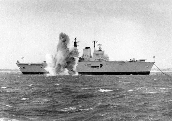 Royal Navy aircraft carrier HMS Invincible undergoing full ship shock trials in the Solent, off Portsmouth