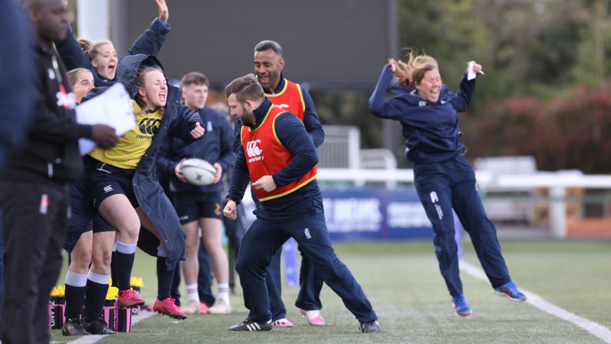 Royal Navy bench celebrates try against RAF Women Credit Alligin Photography Date 09042022.jpg 