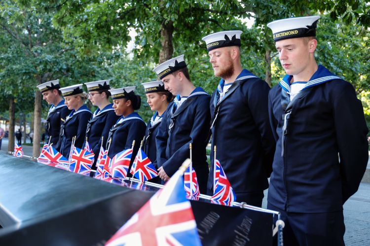 Royal Navy sailors pay their respects at the 9/11 memorial in New York (Picture: Royal Navy).