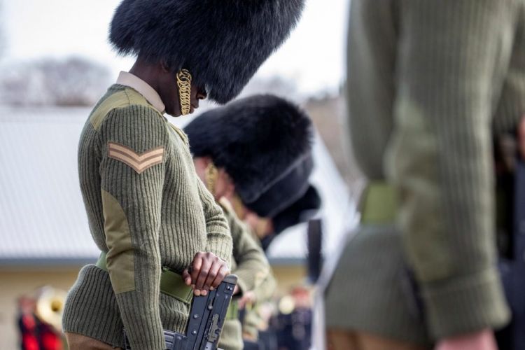 Royal Welsh Guards bow their heads during rehearsals for the Duke of Edinburgh's funeral (Picture: MOD).