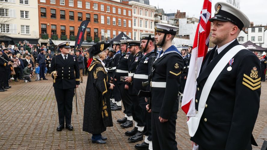 Sailors from destroyer HMS Defender take part in Freedom of the City parade through Exeter CREDIT Royal Navy