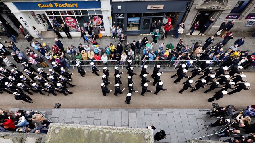 Sailors from destroyer HMS Defender, along with veterans and Naval cadets from Exeter, marched through the city 11022023 CREDIT Royal Navy